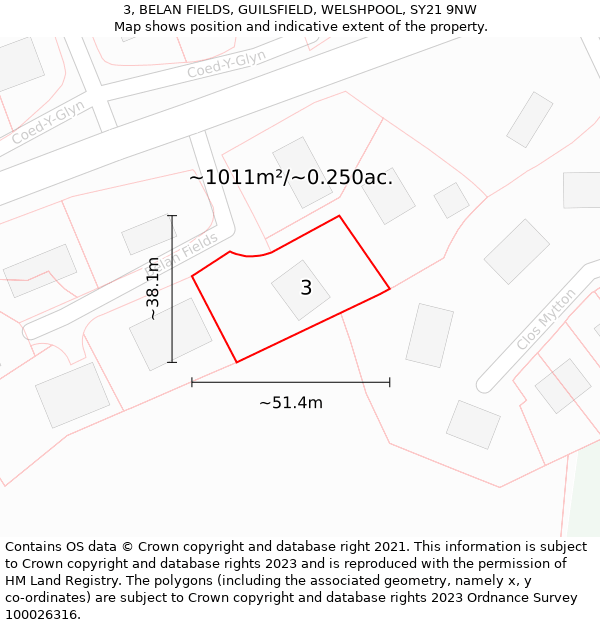 3, BELAN FIELDS, GUILSFIELD, WELSHPOOL, SY21 9NW: Plot and title map