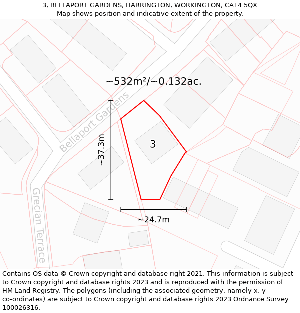 3, BELLAPORT GARDENS, HARRINGTON, WORKINGTON, CA14 5QX: Plot and title map