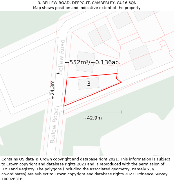 3, BELLEW ROAD, DEEPCUT, CAMBERLEY, GU16 6QN: Plot and title map