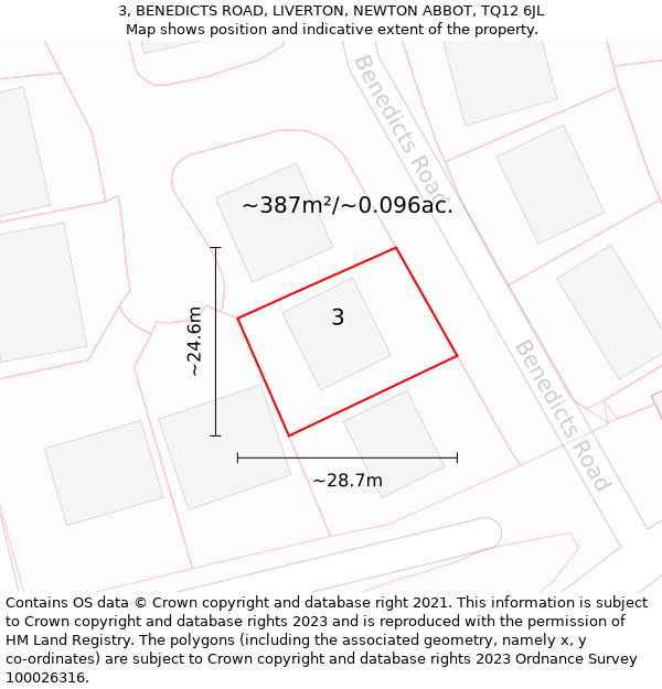 3, BENEDICTS ROAD, LIVERTON, NEWTON ABBOT, TQ12 6JL: Plot and title map