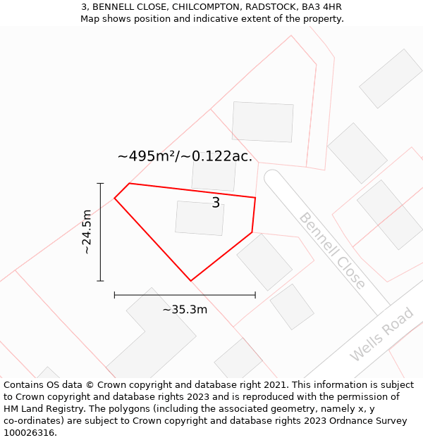 3, BENNELL CLOSE, CHILCOMPTON, RADSTOCK, BA3 4HR: Plot and title map