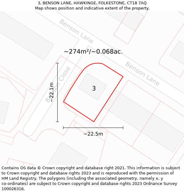 3, BENSON LANE, HAWKINGE, FOLKESTONE, CT18 7AQ: Plot and title map