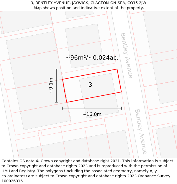 3, BENTLEY AVENUE, JAYWICK, CLACTON-ON-SEA, CO15 2JW: Plot and title map