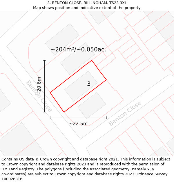 3, BENTON CLOSE, BILLINGHAM, TS23 3XL: Plot and title map