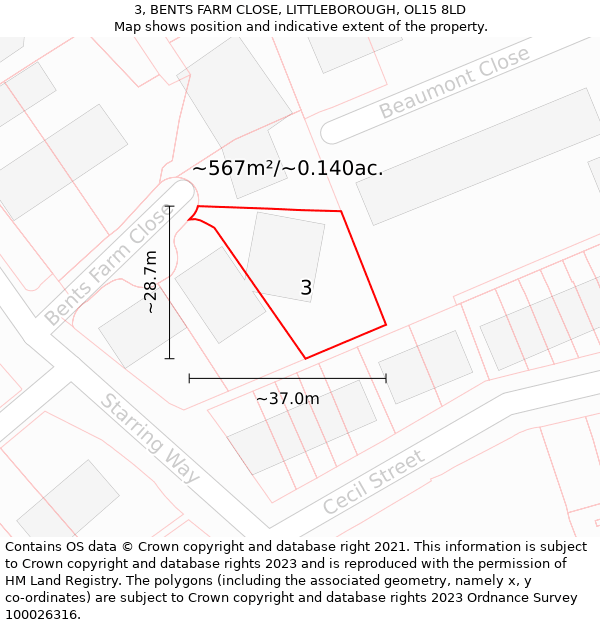 3, BENTS FARM CLOSE, LITTLEBOROUGH, OL15 8LD: Plot and title map