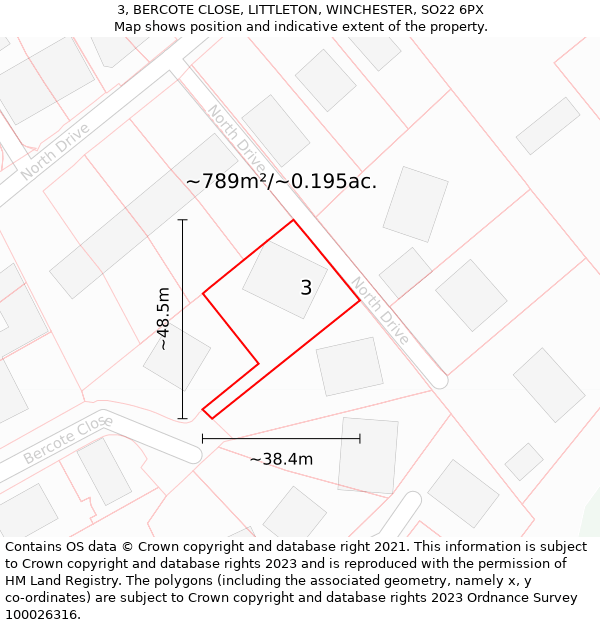 3, BERCOTE CLOSE, LITTLETON, WINCHESTER, SO22 6PX: Plot and title map