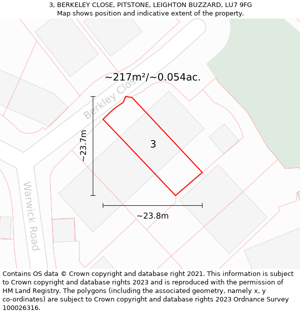 3, BERKELEY CLOSE, PITSTONE, LEIGHTON BUZZARD, LU7 9FG: Plot and title map