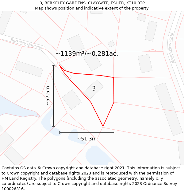 3, BERKELEY GARDENS, CLAYGATE, ESHER, KT10 0TP: Plot and title map