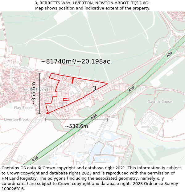 3, BERRETTS WAY, LIVERTON, NEWTON ABBOT, TQ12 6GL: Plot and title map