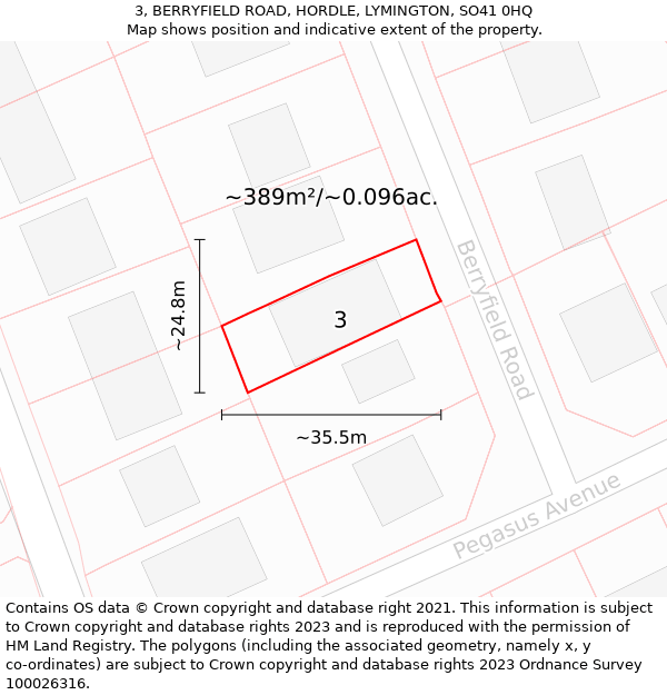 3, BERRYFIELD ROAD, HORDLE, LYMINGTON, SO41 0HQ: Plot and title map