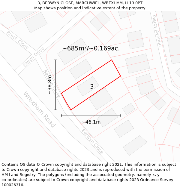 3, BERWYN CLOSE, MARCHWIEL, WREXHAM, LL13 0PT: Plot and title map