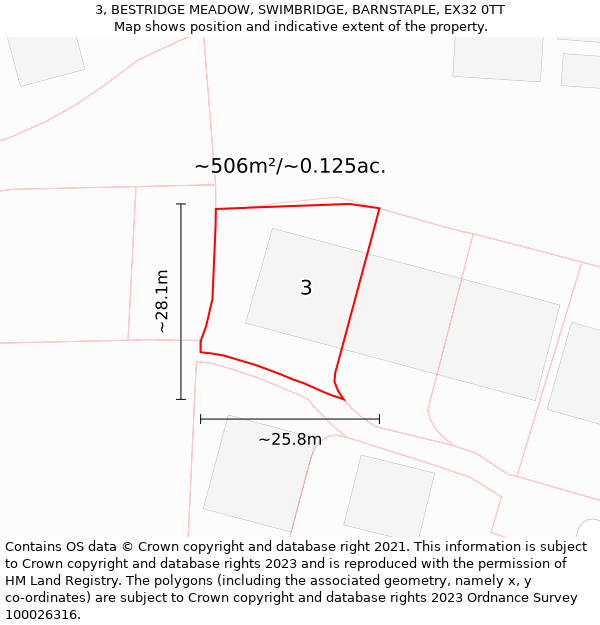 3, BESTRIDGE MEADOW, SWIMBRIDGE, BARNSTAPLE, EX32 0TT: Plot and title map