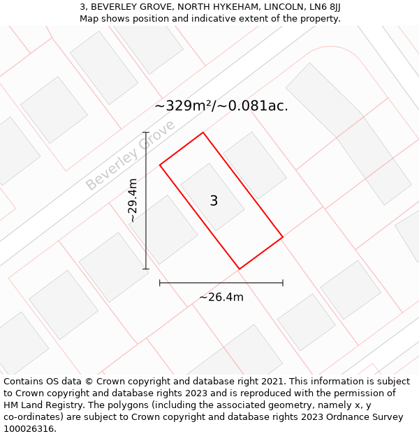 3, BEVERLEY GROVE, NORTH HYKEHAM, LINCOLN, LN6 8JJ: Plot and title map