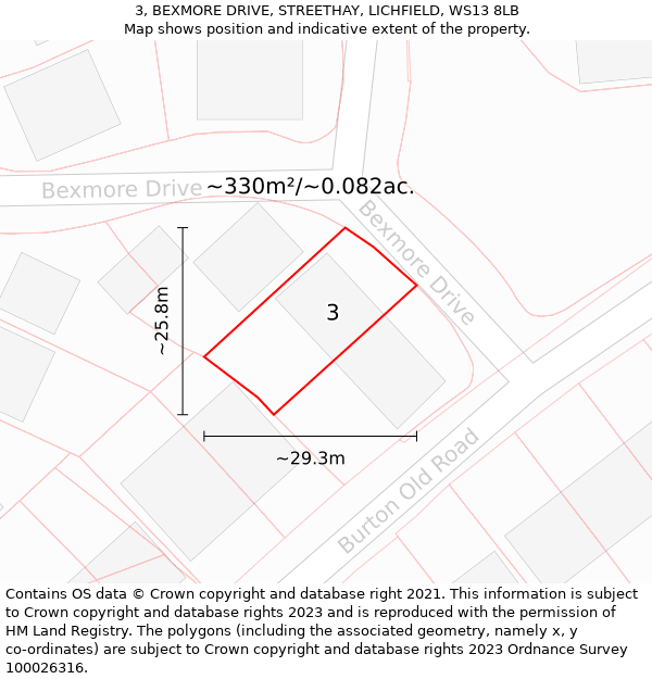 3, BEXMORE DRIVE, STREETHAY, LICHFIELD, WS13 8LB: Plot and title map