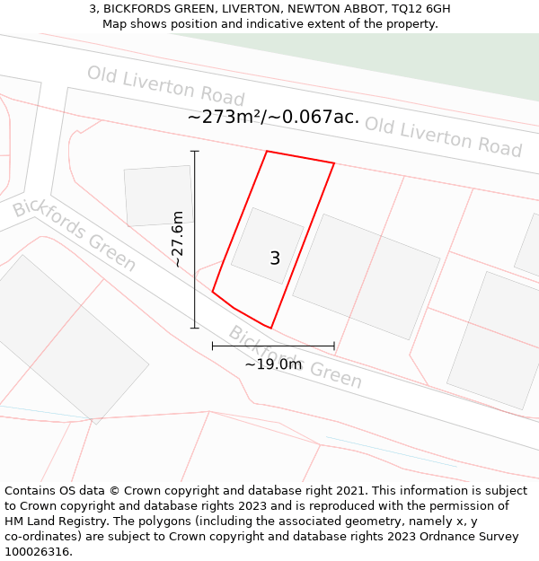 3, BICKFORDS GREEN, LIVERTON, NEWTON ABBOT, TQ12 6GH: Plot and title map