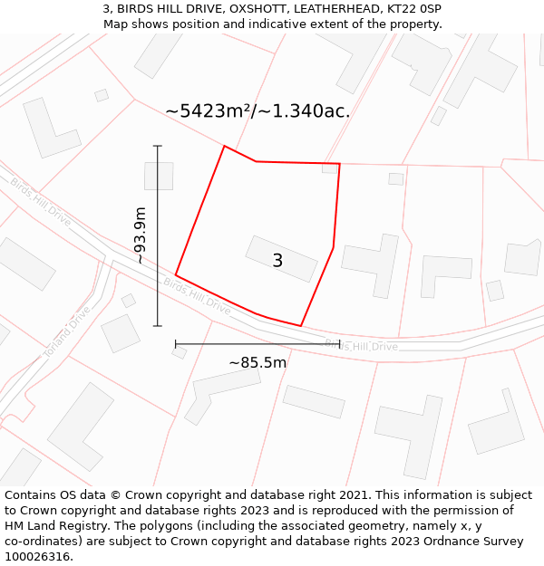 3, BIRDS HILL DRIVE, OXSHOTT, LEATHERHEAD, KT22 0SP: Plot and title map