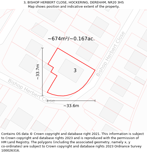 3, BISHOP HERBERT CLOSE, HOCKERING, DEREHAM, NR20 3HS: Plot and title map