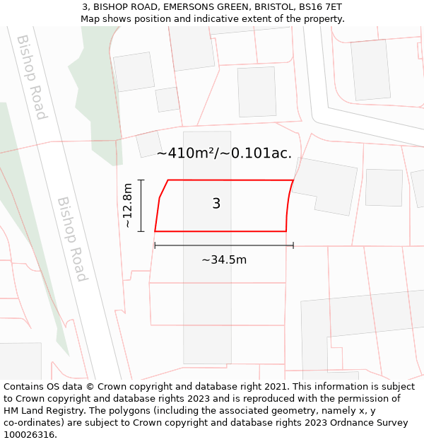 3, BISHOP ROAD, EMERSONS GREEN, BRISTOL, BS16 7ET: Plot and title map