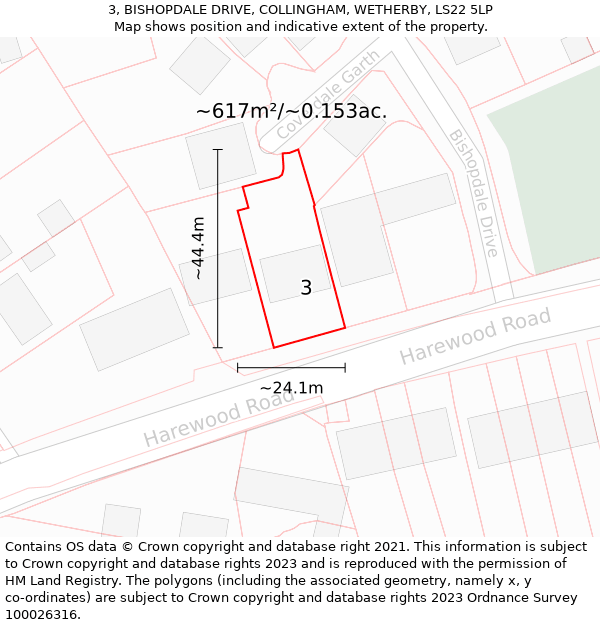 3, BISHOPDALE DRIVE, COLLINGHAM, WETHERBY, LS22 5LP: Plot and title map