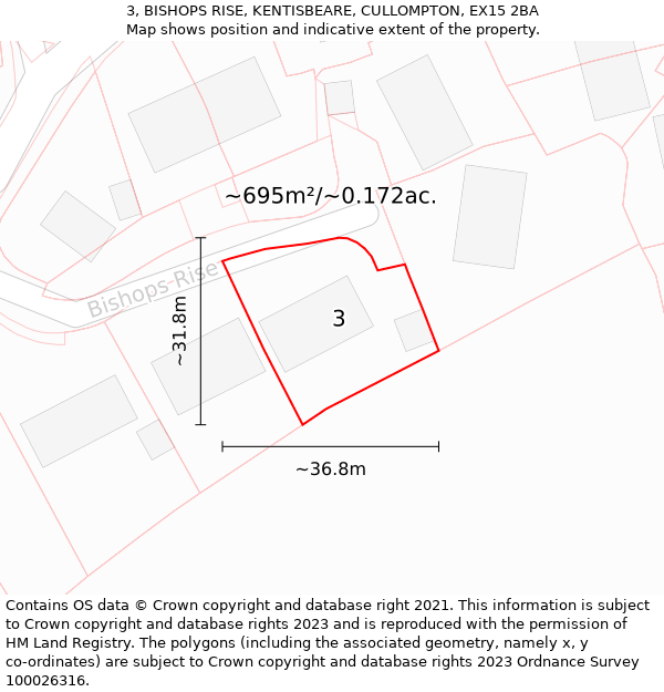 3, BISHOPS RISE, KENTISBEARE, CULLOMPTON, EX15 2BA: Plot and title map