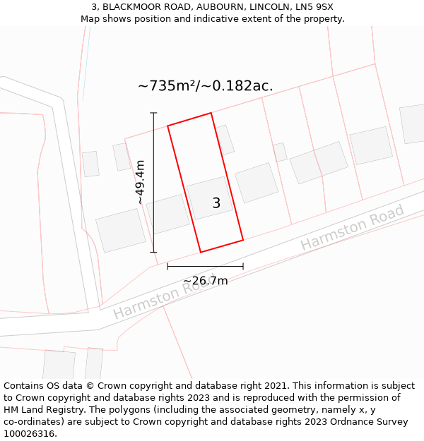 3, BLACKMOOR ROAD, AUBOURN, LINCOLN, LN5 9SX: Plot and title map