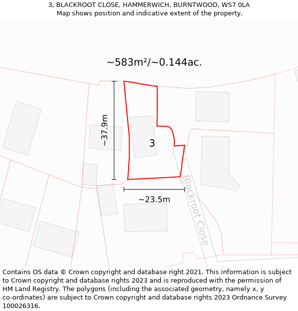 3, BLACKROOT CLOSE, HAMMERWICH, BURNTWOOD, WS7 0LA: Plot and title map