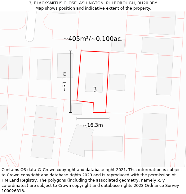 3, BLACKSMITHS CLOSE, ASHINGTON, PULBOROUGH, RH20 3BY: Plot and title map