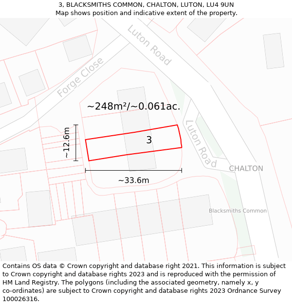 3, BLACKSMITHS COMMON, CHALTON, LUTON, LU4 9UN: Plot and title map