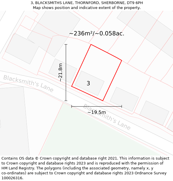 3, BLACKSMITHS LANE, THORNFORD, SHERBORNE, DT9 6PH: Plot and title map