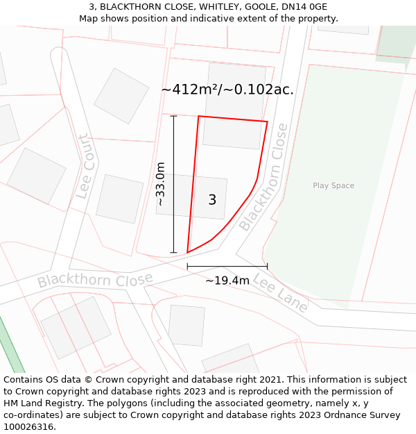 3, BLACKTHORN CLOSE, WHITLEY, GOOLE, DN14 0GE: Plot and title map