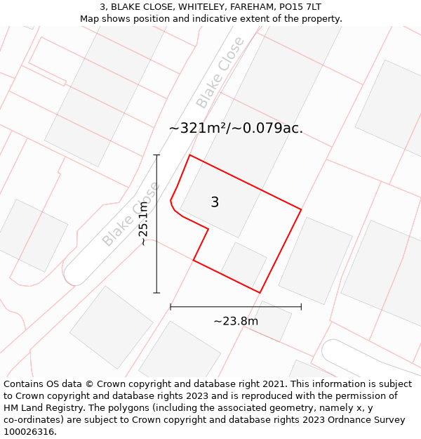 3, BLAKE CLOSE, WHITELEY, FAREHAM, PO15 7LT: Plot and title map