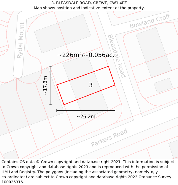 3, BLEASDALE ROAD, CREWE, CW1 4PZ: Plot and title map