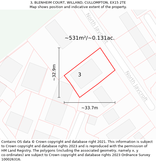 3, BLENHEIM COURT, WILLAND, CULLOMPTON, EX15 2TE: Plot and title map