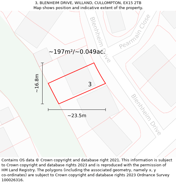 3, BLENHEIM DRIVE, WILLAND, CULLOMPTON, EX15 2TB: Plot and title map