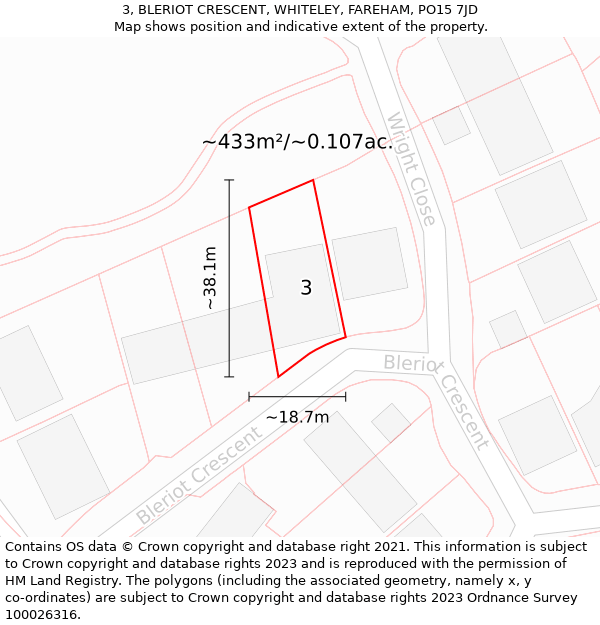 3, BLERIOT CRESCENT, WHITELEY, FAREHAM, PO15 7JD: Plot and title map