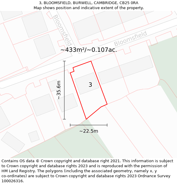 3, BLOOMSFIELD, BURWELL, CAMBRIDGE, CB25 0RA: Plot and title map