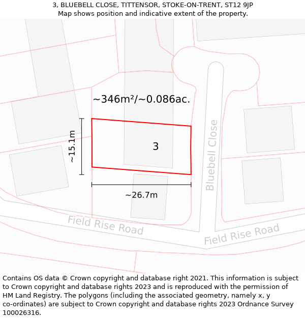 3, BLUEBELL CLOSE, TITTENSOR, STOKE-ON-TRENT, ST12 9JP: Plot and title map