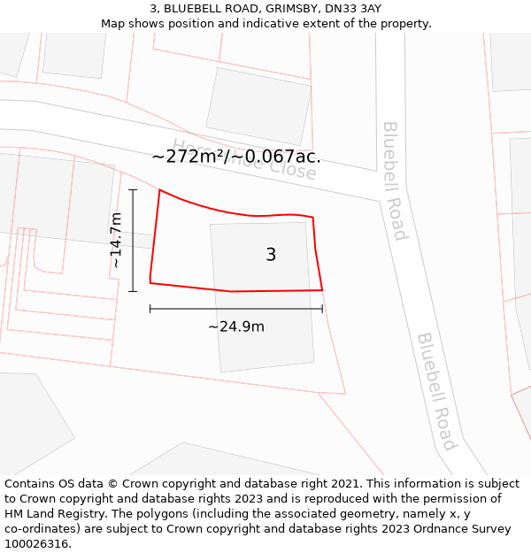 3, BLUEBELL ROAD, GRIMSBY, DN33 3AY: Plot and title map