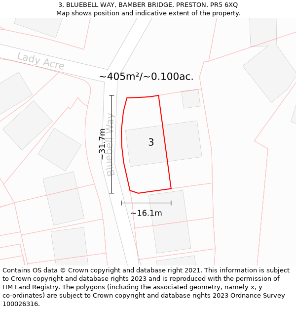 3, BLUEBELL WAY, BAMBER BRIDGE, PRESTON, PR5 6XQ: Plot and title map