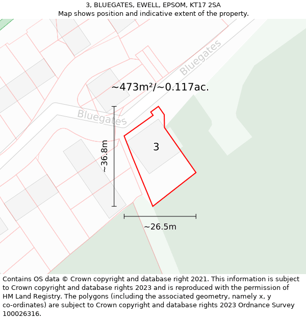 3, BLUEGATES, EWELL, EPSOM, KT17 2SA: Plot and title map