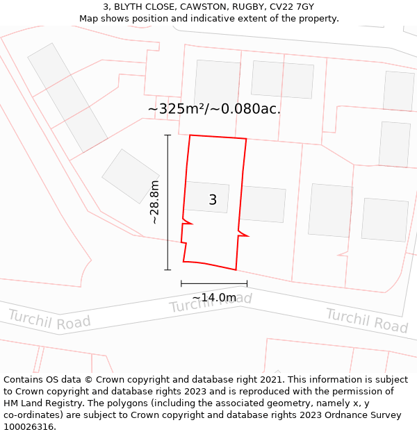 3, BLYTH CLOSE, CAWSTON, RUGBY, CV22 7GY: Plot and title map