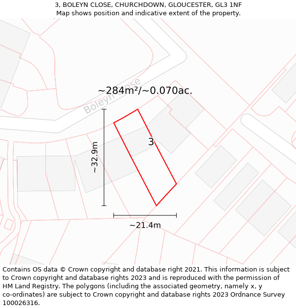 3, BOLEYN CLOSE, CHURCHDOWN, GLOUCESTER, GL3 1NF: Plot and title map