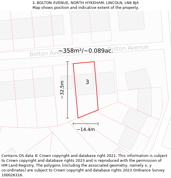 3, BOLTON AVENUE, NORTH HYKEHAM, LINCOLN, LN6 8JA: Plot and title map