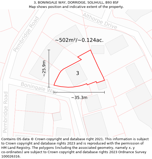 3, BONINGALE WAY, DORRIDGE, SOLIHULL, B93 8SF: Plot and title map