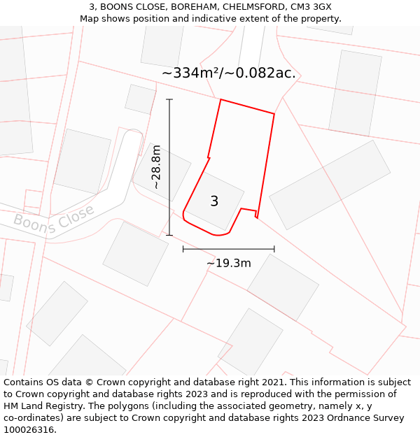 3, BOONS CLOSE, BOREHAM, CHELMSFORD, CM3 3GX: Plot and title map