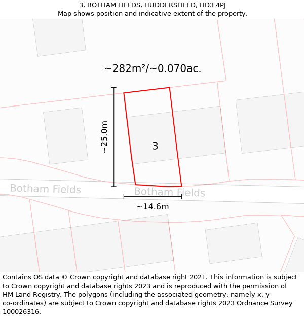 3, BOTHAM FIELDS, HUDDERSFIELD, HD3 4PJ: Plot and title map