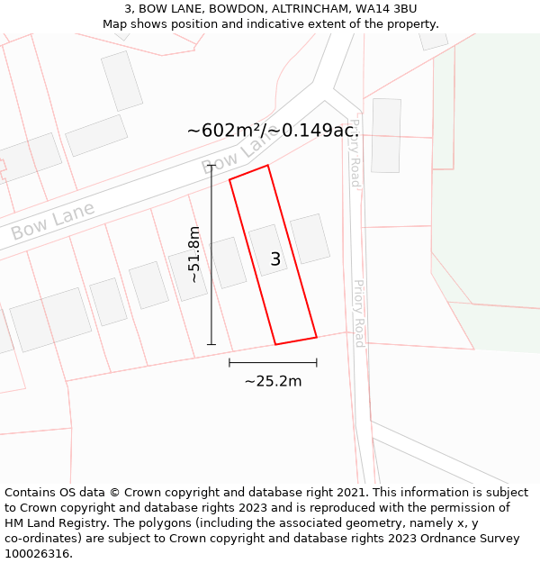 3, BOW LANE, BOWDON, ALTRINCHAM, WA14 3BU: Plot and title map