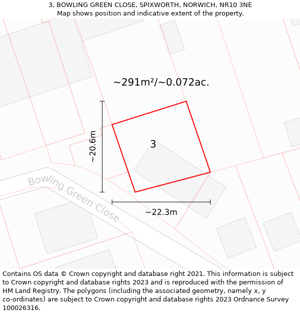 3, BOWLING GREEN CLOSE, SPIXWORTH, NORWICH, NR10 3NE: Plot and title map