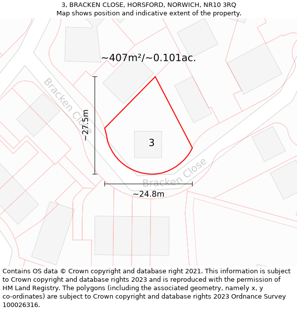 3, BRACKEN CLOSE, HORSFORD, NORWICH, NR10 3RQ: Plot and title map