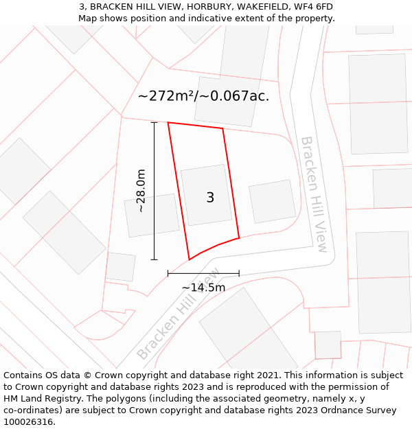 3, BRACKEN HILL VIEW, HORBURY, WAKEFIELD, WF4 6FD: Plot and title map